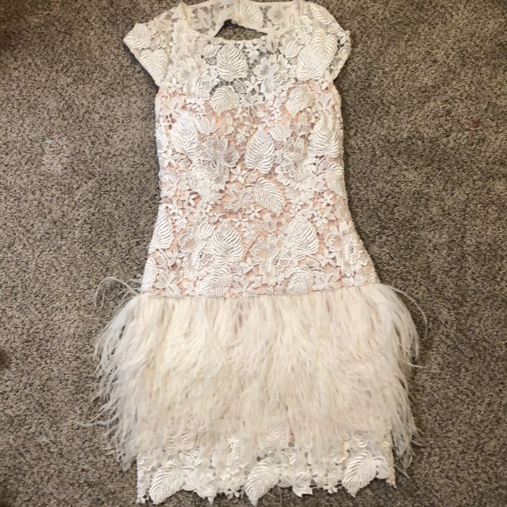 Lace and feathered Jovani